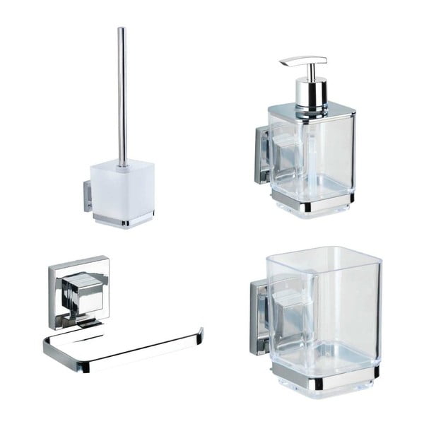 Plastičen komplet pripomočkov za kopalnico v sijajno srebrni barvi z namestitvijo brez vrtanja Quadro – Wenko