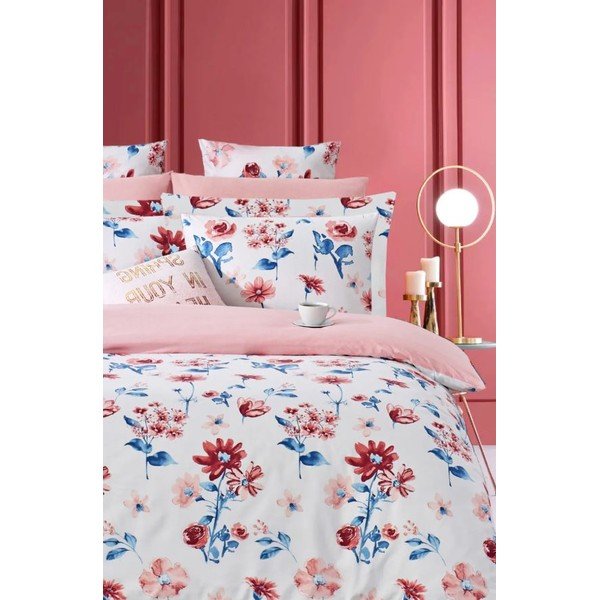 Bela/rožnata 4-delna podaljšana posteljnina za zakonsko posteljo iz renforce bombaža z rjuho 200x220 cm – Mila Home-image-1