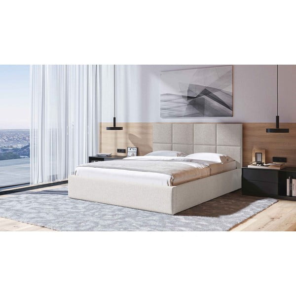 Bež oblazinjena zakonska postelja s prostorom za shranjevanje z letvenim dnom 160x200 cm Bufo – MESONICA-image-1