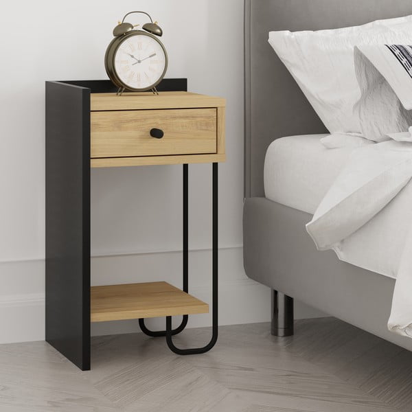 Črna/naravna nočna omarica v hrastovem dekorju s policami Mercure – Marckeric-image-1