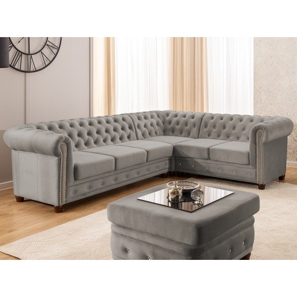 Siva žametna raztegljiva kotna sedežna garnitura (desni kot/v obliki črke L) York Blik – Ropez-image-1