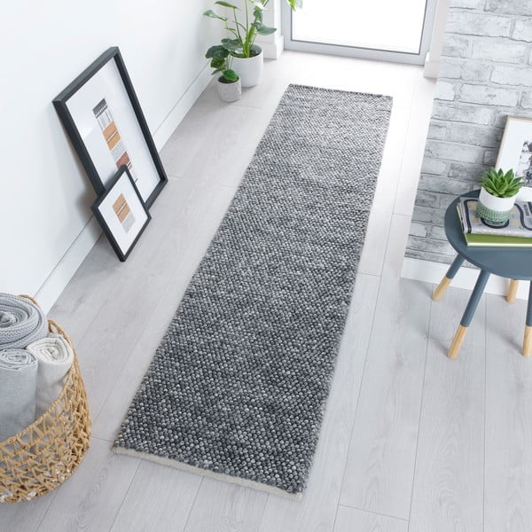 Temno siv ročno tkan tekač iz mešanice volne 60x230 cm Minerals – Flair Rugs-image-1