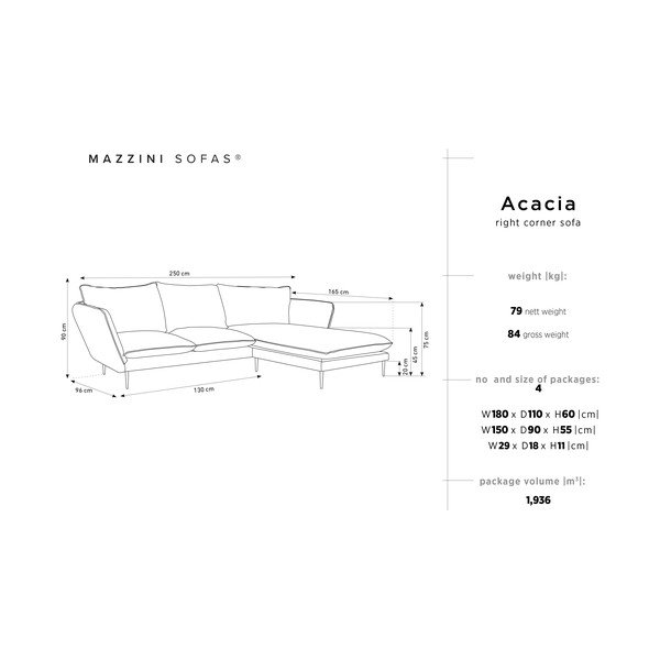 Svetlo siva žametna kotna zofa Mazzini Sofas Acacia, desni kot-image-3