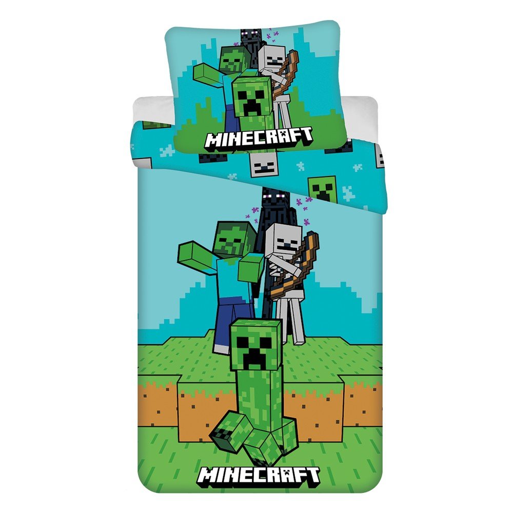 Zeleno-modra enojna bombažna otroška posteljnina 140x200 cm Minecraft "Mobs Here"