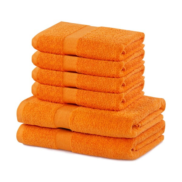 Komplet 2 bombažnih oranžnih kopalnih brisač in 4 brisač DecoKing Marina