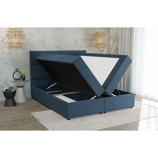 Temno modra boxspring postelja s prostorom za shranjevanje 140x200 cm Rico – Ropez-image-2