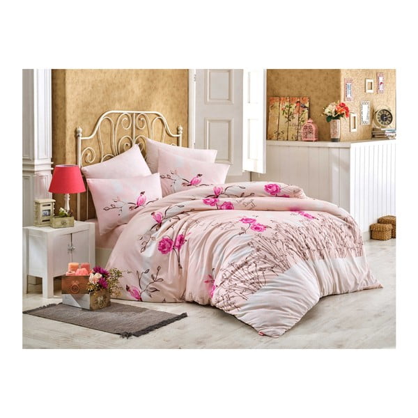 Roza bombažna posteljnina z rjuho za enojno posteljo Rose, 160 x 220 cm