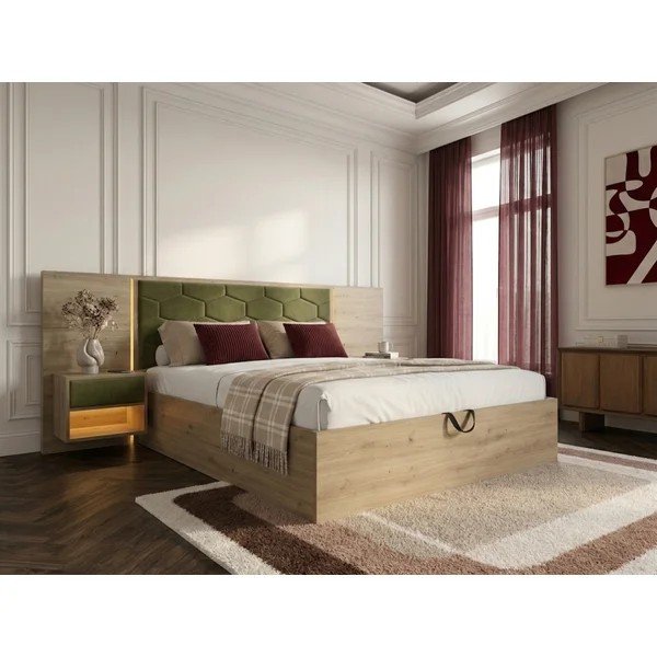 Temno zelena oblazinjena/iz iverne plošče zakonska postelja s prostorom za shranjevanje z letvenim dnom 160x200 cm Palmeraie – Bobochic Paris-image-1