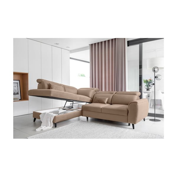 Svetlo rjava žametna raztegljiva/s prostorom za shranjevanje kotna sedežna garnitura (levi kot/v obliki črke L) Noble – ELTAP-image-3