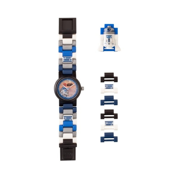 Otroška modra, črno-bela ura s figurico LEGO® Star Wars R2D2