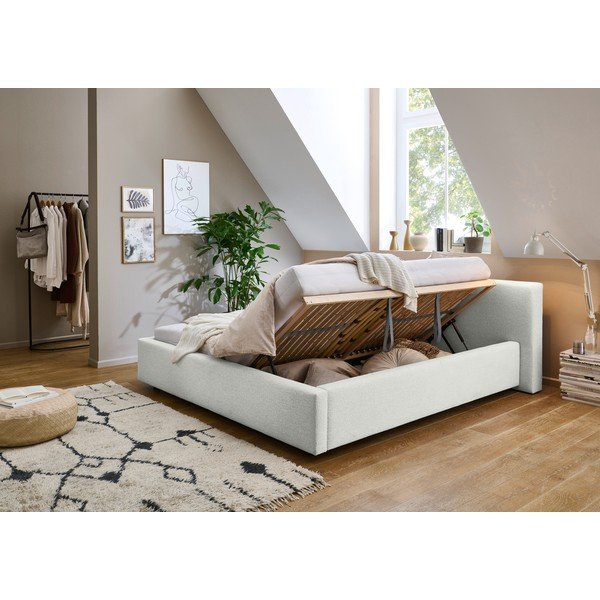 Bela oblazinjena zakonska postelja s prostorom za shranjevanje z letvenim dnom 180x200 cm Cube – Meise Möbel-image-1