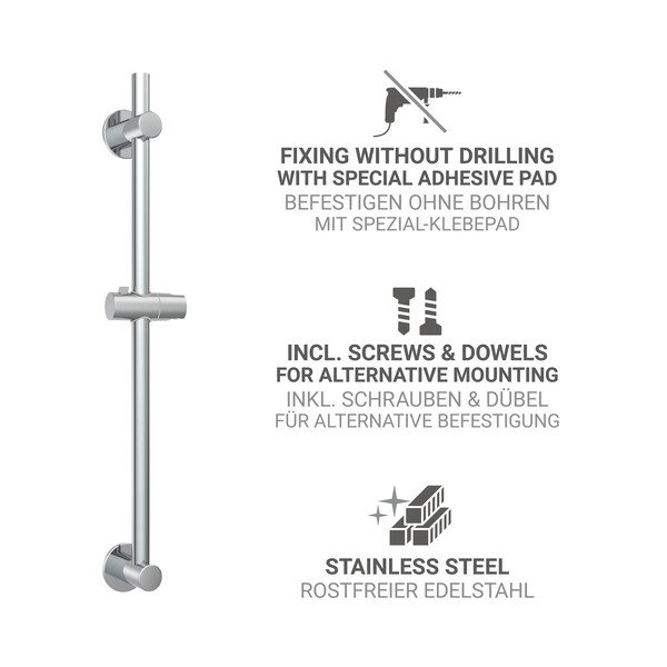 Drog za tuš iz nerjavečega jekla v sijajno srebrni barvi z namestitvijo brez vrtanja z drsnim nosilcem 70 cm – Wenko-image-2