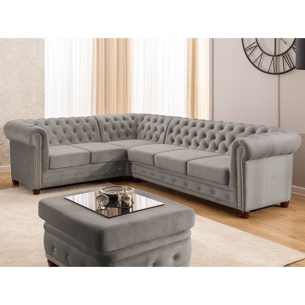 Siva žametna raztegljiva kotna sedežna garnitura (levi kot/v obliki črke L) York Blik – Ropez-image-1