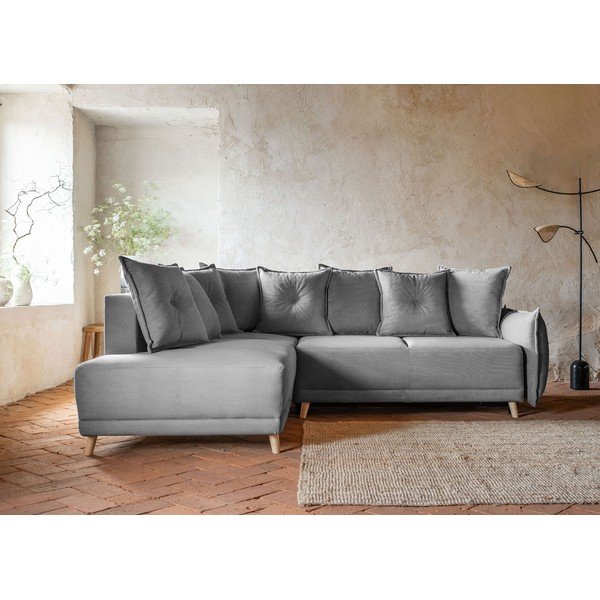 Siva raztegljiva kotna sedežna garnitura iz rebrastega žameta (levi kot) Lazy Lukka – Miuform-image-1