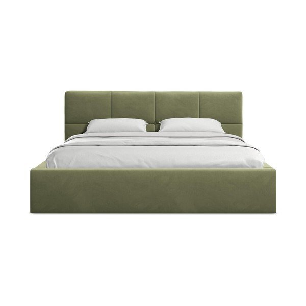 Zelena žametna oblazinjena zakonska postelja s prostorom za shranjevanje z letvenim dnom 140x200 cm Hiko – Makamii-image-3