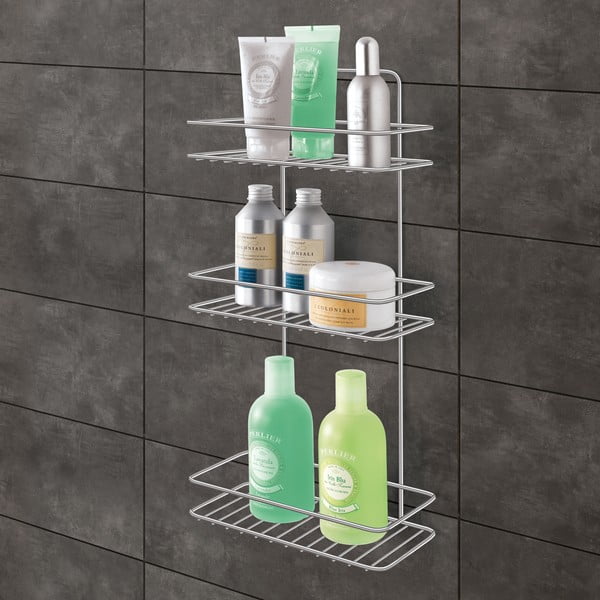 Jeklena viseča kopalniška polica v sijajno srebrni barvi z namestitvijo brez vrtanja Luxy – Metaltex-image-1