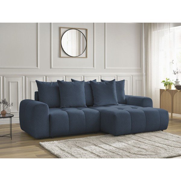 Modra raztegljiva kotna sedežna garnitura iz šenilje s prostorom za shranjevanje (desni kot/z ležalnikom) Roxelane – Bobochic Paris-image-3