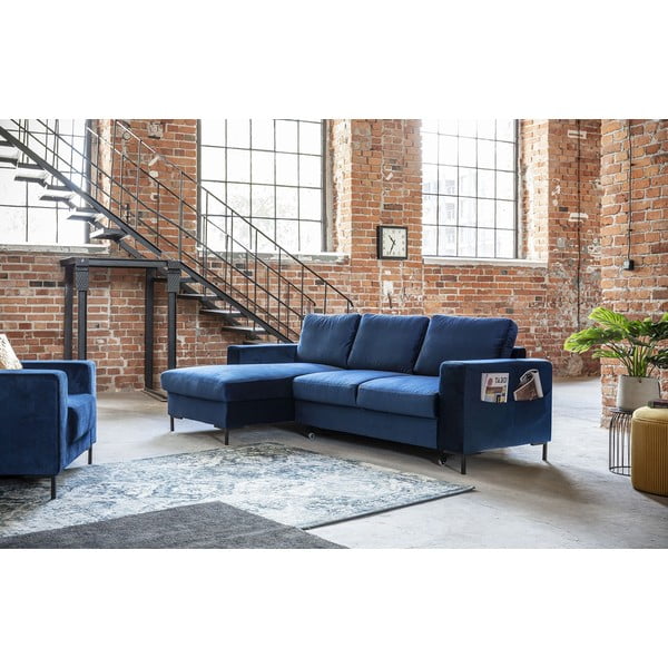 Mornarsko modra žametna raztegljiva sedežna garnitura Miuform Lofty Lilly, levi kot-image-3