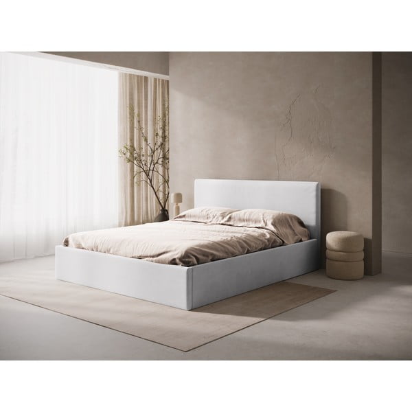 Svetlo siva oblazinjena zakonska postelja s prostorom za shranjevanje/brez vzglavja z letvenim dnom 180x200 cm Susan – Micadoni -image-1