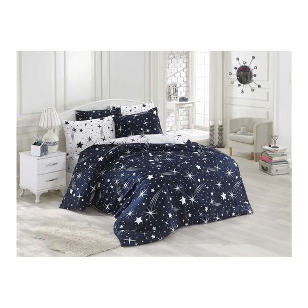 Temno modra posteljnina z rjuho za enojno posteljo Starry Night, 160 x 220 cm
