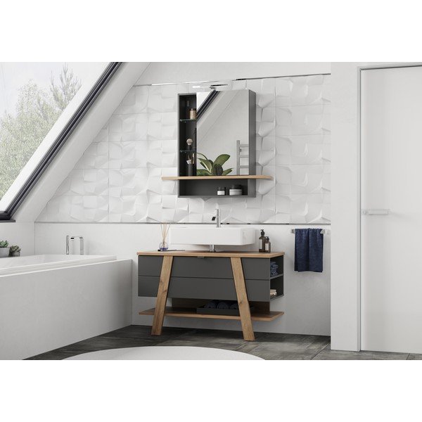 Temno siva viseča kopalniška omarica z ogledalom v hrastovem dekorju 90x91 cm Avellino - Germania-image-4