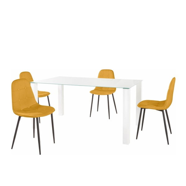 Garnitura jedilne mize in 4 rumenih stolov Støraa Dante, dolžina mize 160 cm