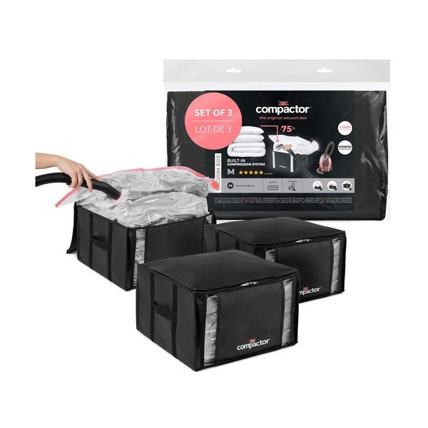 Črne vakuumske plastične škatle za shranjevanje v kompletu 3 ks 42x40x25 cm Black Edition – Compactor