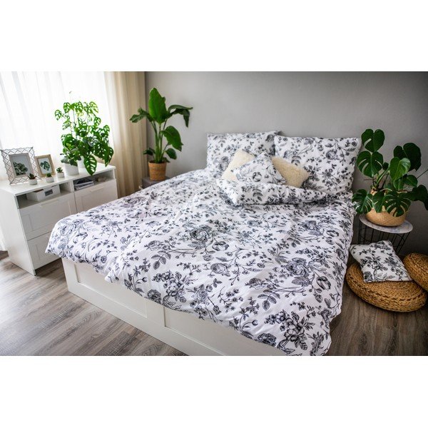 Črno-bela posteljnina iz bombažnega satena Cotton House Flower, 140 x 200 cm-image-1