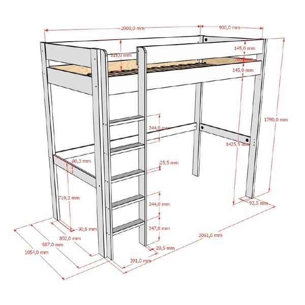 Bela dvignjena otroška postelja z letvenim dnom 90x200 cm Primo – Vipack-image-2