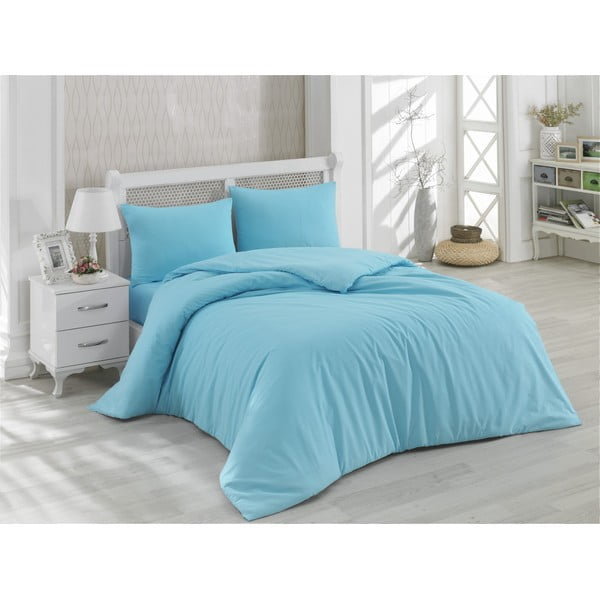 Modra bombažna posteljnina z rjuho za zakonsko posteljo Minimal, 200 x 220 cm