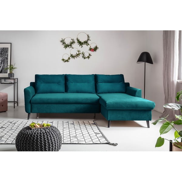 Turkizna žametna raztegljiva sedežna garnitura Miuform Stylish Stan, desni kot-image-1