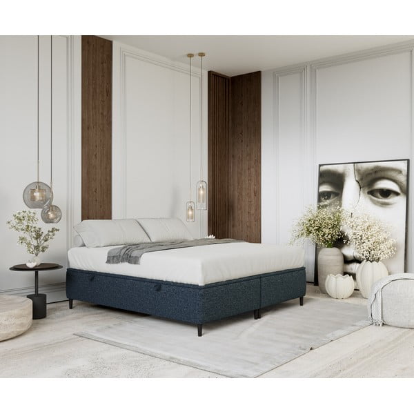 Temno modra oblazinjena zakonska postelja s prostorom za shranjevanje 200x200 cm Tate – Maison de Rêve-image-1