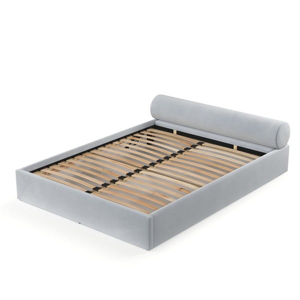 Svetlo siva oblazinjena zakonska postelja s prostorom za shranjevanje z letvenim dnom 200x200 cm Solvo – Maison de Rêve-image-2