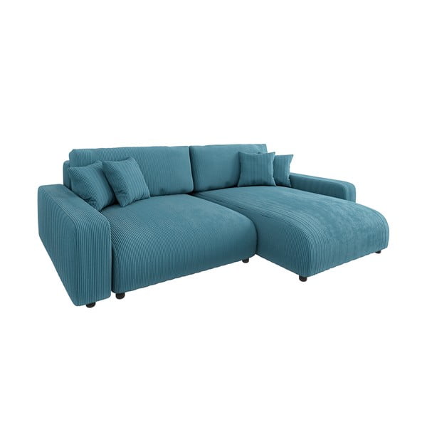 Turkizna raztegljiva kotna sedežna garnitura iz rebrastega žameta Sara – Ropez