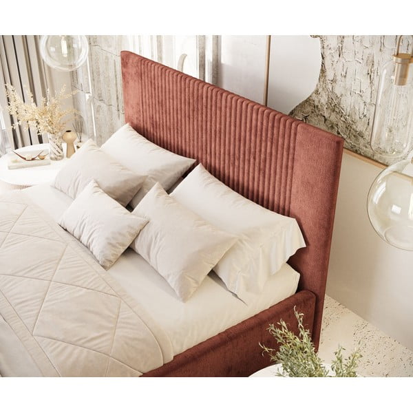 Opečnato oranžna oblazinjena zakonska postelja s prostorom za shranjevanje z letvenim dnom 140x200 cm Etero – Maison de Rêve-image-4