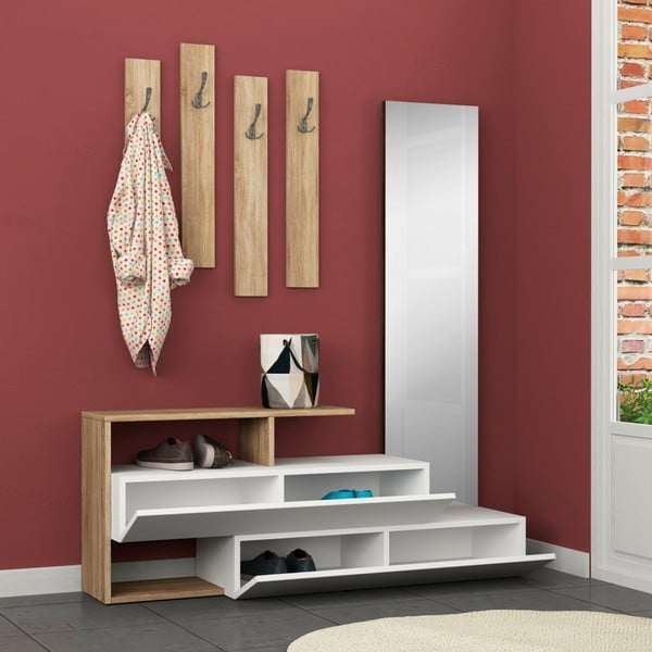 Komplet stojala za čevlje z ogledalom in stenskega obešalnika Ramda Oak-image-1