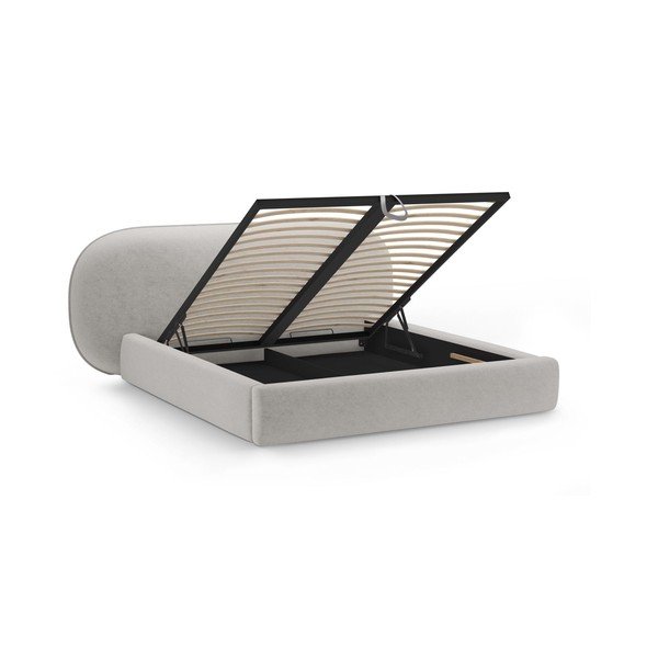 Svetlo siva oblazinjena zakonska postelja s prostorom za shranjevanje in z letvenim dnom 200x200 cm Ovalo – Micadoni -image-2