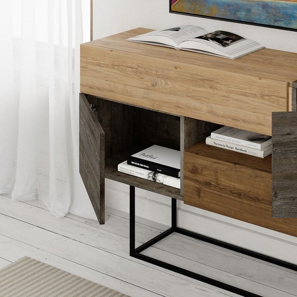 Rjava/naravna nizka komoda v hrastovem dekorju 145x82 cm Titan – Marckeric-image-4