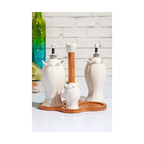 Garnitura porcelanastega lončka za poper, slamice in 2 stekleničk za olje na bambusovem pladnju Marinos-image-1