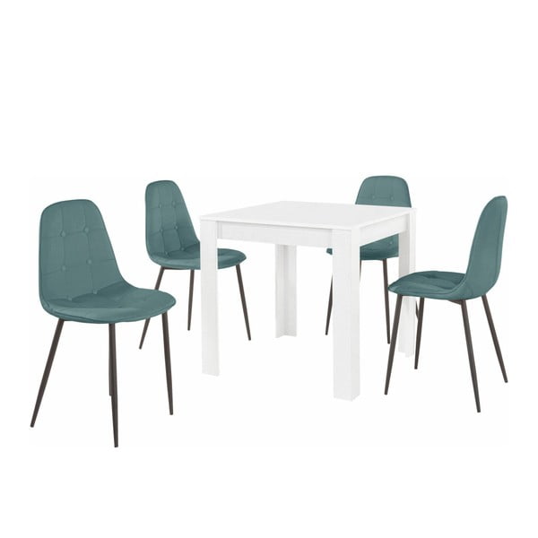 Komplet bele jedilne mize in 4 modrih jedilnih stolov Støraa Lori Lamar Duro