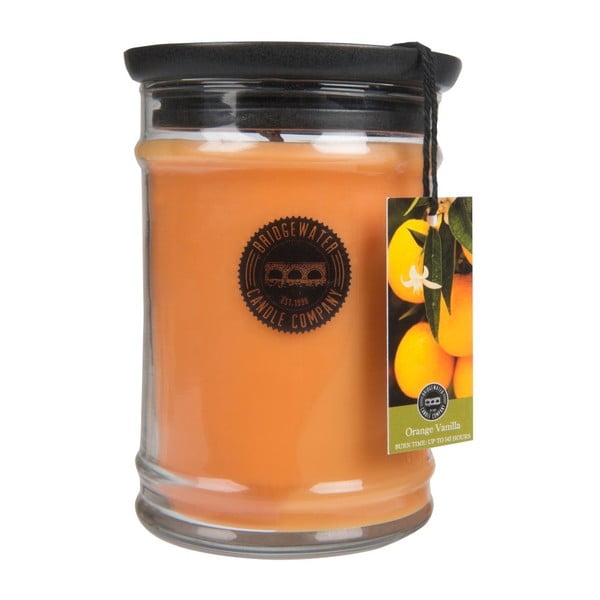 Sveča Bridgewater Candle Company z vonjem vanilije in pomaranče v stekleni škatlici, čas gorenja 140-160 ur