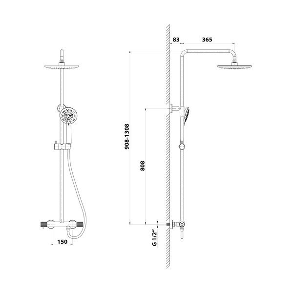 Mat črna medeninasta tuš garnitura s termostatsko armaturo s prho za glavo in ročno prho 131 cm Solaris – Sapho-image-1