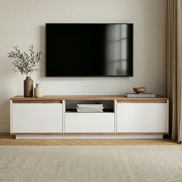 Bela/v naravni barvi TV omarica v borovem dekorju 160x42x30 cm Sentinel – Kalune Design-image-2