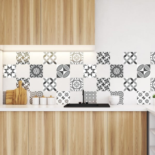 Komplet 9 stenskih nalepk Ambiance Wall Decal Tiles Azulejos Shades of Gray Sotchi, 15 x 15 cm