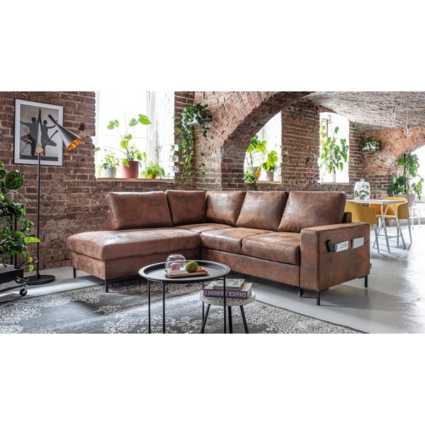 Rjava raztegljiva kotna sedežna garnitura iz umetnega usnja (levi kot) Lofty Lilly – Miuform-image-3