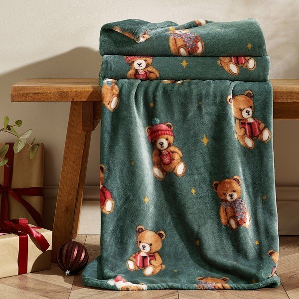 Temno zelena odeja z božičnim motivom 170x130 cm Christmas Tartan Teddy Bear – Catherine Lansfield-image-1