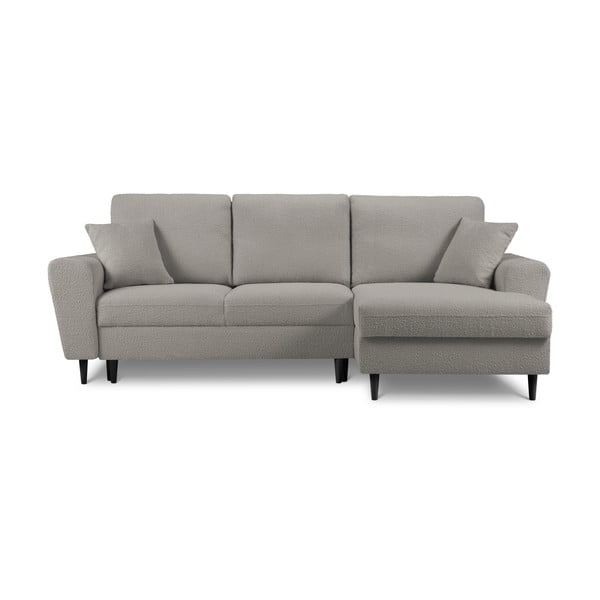 Svetlo siva raztegljiva kotna sedežna garnitura s prostorom za shranjevanje iz tkanine bouclé (desni kot/z ležalnikom) Kyoto – Cosmopolitan Design