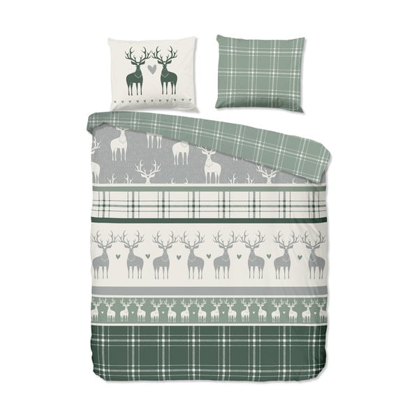 Zelena in kremno bela flanelna posteljnina za zakonsko posteljo/podaljšana 200x220 cm Bjirk – Good Morning