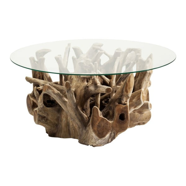 Steklena mizica za kavo s podstavkom iz tikovine Kare Design Roots, Ø 100 cm