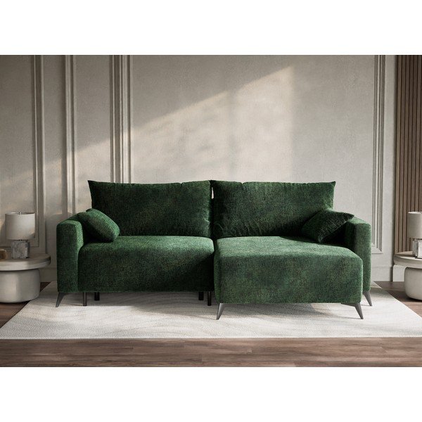 Temno zelena raztegljiva/s prostorom za shranjevanje kotna sedežna garnitura iz šenilje (desni kot/z ležalnikom) Leon – Maison de Rêve-image-1